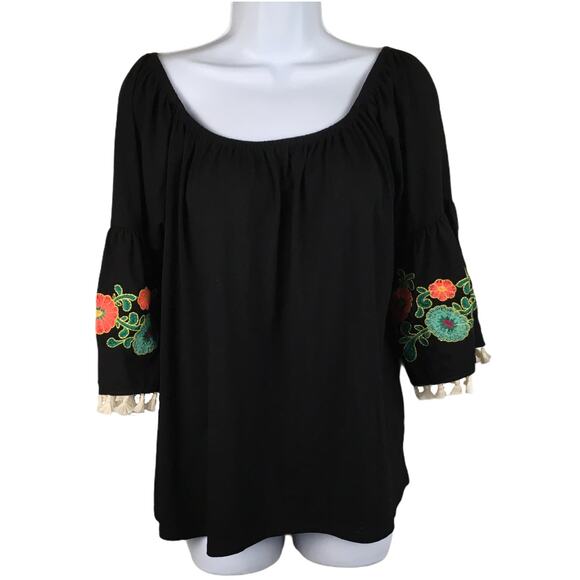 Umgee Top Floral Embroidered Tassel Bohemian Off Shoulder Bell Sleeve Blouse M‎ - Picture 1 of 10
